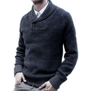 H&M Pullover Button-Down Turtleneck Chunky Sweater Dark Gray-Navy Size M - NWOT